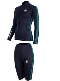Two Bare Feet Womens Silicone Print Series 2.5mm Wetsuit Jacket & Shorts Set (Black/Mint) -Surf Tide Motion 3 30