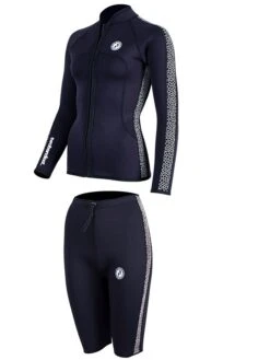 Two Bare Feet Womens Silicone Print Series 2.5mm Wetsuit Jacket & Shorts Set (Black/White) -Surf Tide Motion 3 31