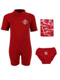 Deluxe Baby Swim Kit - Aquatica Wetsuit + Swim Nappy + Towel (Red)