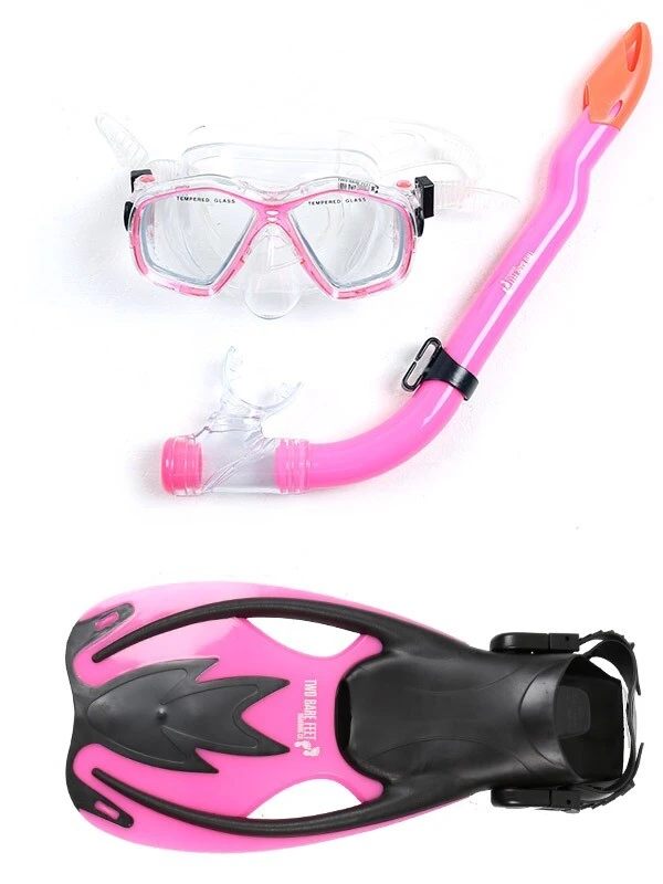 Two Bare Feet Childrens PVC Mask Snorkel Fins 3 Piece Set (Pink) 1 Two Bare Feet Childrens PVC Mask Snorkel Fins 3 Piece Set (Pink)