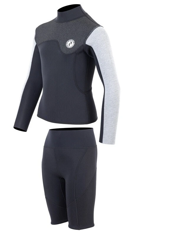 Two Bare Feet Junior Aspect Fleece Lined Zipless Thermal 2.5mm Superstretch Wetsuit Top & Shorts Set (Black/Grey/Grey) 3 Two Bare Feet Junior Aspect Fleece Lined Zipless Thermal 2.5mm Superstretch Wetsuit Top & Shorts Set (Black/Grey/Grey) - Image 3