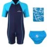 Deluxe Baby Swim Kit - Lycra Arm Wetsuit + Swim Nappy + Towel (Aqua)