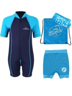 Premier Baby Swim Kit - Lycra Arm Wetsuit + Nappy Shorts + Towel + Bag (Aqua)