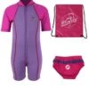 Deluxe Baby Swim Kit - Lycra Arm Wetsuit + Swim Nappy + Bag (Raspberry)