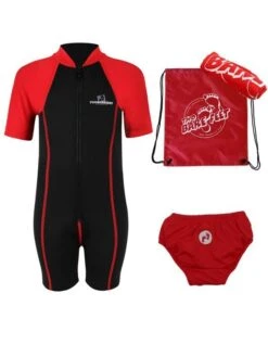 Premier Baby Swim Kit - Lycra Arm Wetsuit + Swim Nappy + Towel + Bag (Red)