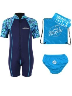 Premier Baby Swim Kit - Patterned Lycra Arm Wetsuit + Swim Nappy + Towel + Bag (Aqua)