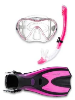 Pro Dive Series Silicone Mask, Dry Top Snorkel & F70 Fins 3 Piece Set 3 (Pink)