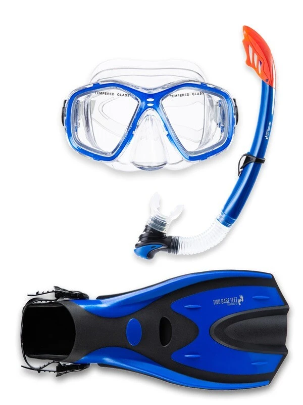 Two Bare Feet Adult PVC Mask, Snorkel & F70 Fins 3 Piece Set (Blue) 1 Two Bare Feet Adult PVC Mask, Snorkel & F70 Fins 3 Piece Set (Blue)