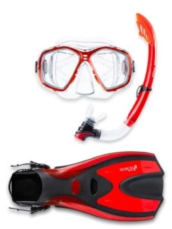 Two Bare Feet Adult PVC Mask, Snorkel & F70 Fins 3 Piece Set (Red)