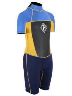 Two Bare Feet Squadron 3/2mm Junior Shorty Wetsuit (Blue/Yellow/Blue) -Surf Tide Motion squadron kids short arms short legs blue yellow aqua 8