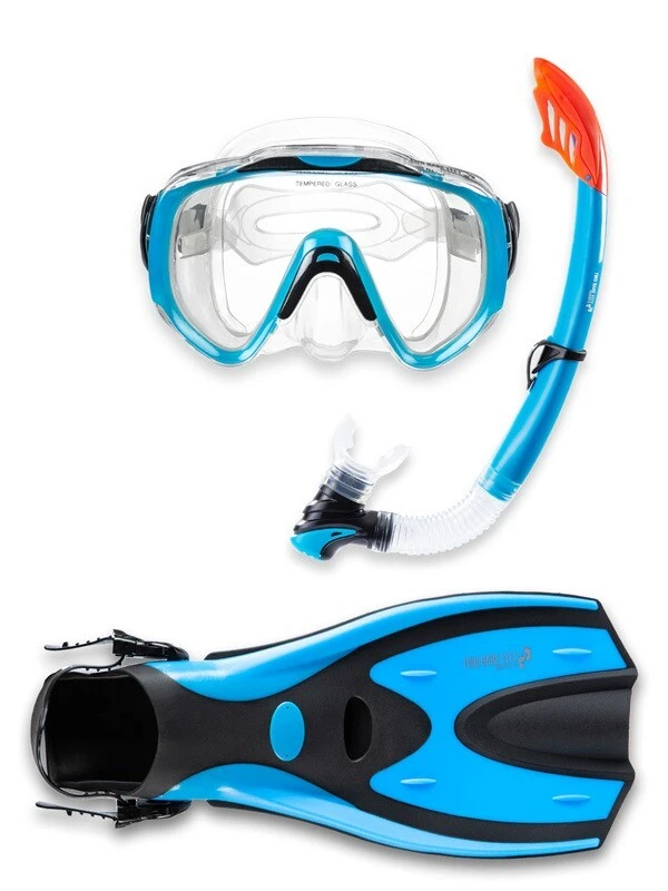 Two Bare Feet Adult Silicone Mask, Snorkel & F70 Fins 3 Piece Set 2 (Aqua)