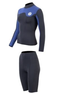 Two Bare Feet Womens Aspect Fleece Lined Zipless Thermal 2.5mm Superstretch Wetsuit Top & Shorts Set (Black/Blue) -Surf Tide Motion w41gh7 1