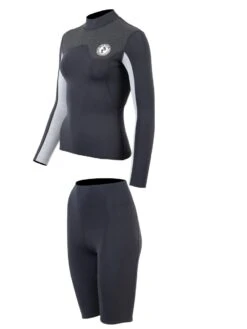 Two Bare Feet Womens Aspect Fleece Lined Zipless Thermal 2.5mm Superstretch Wetsuit Top & Shorts Set (Black/Grey/Grey) -Surf Tide Motion w6f57b d