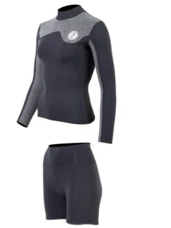 Two Bare Feet Womens Aspect Fleece Lined Zipless Thermal 2.5mm Superstretch Wetsuit Top & Hotpants Set (Black/Grey) -Surf Tide Motion wswyss 6 1